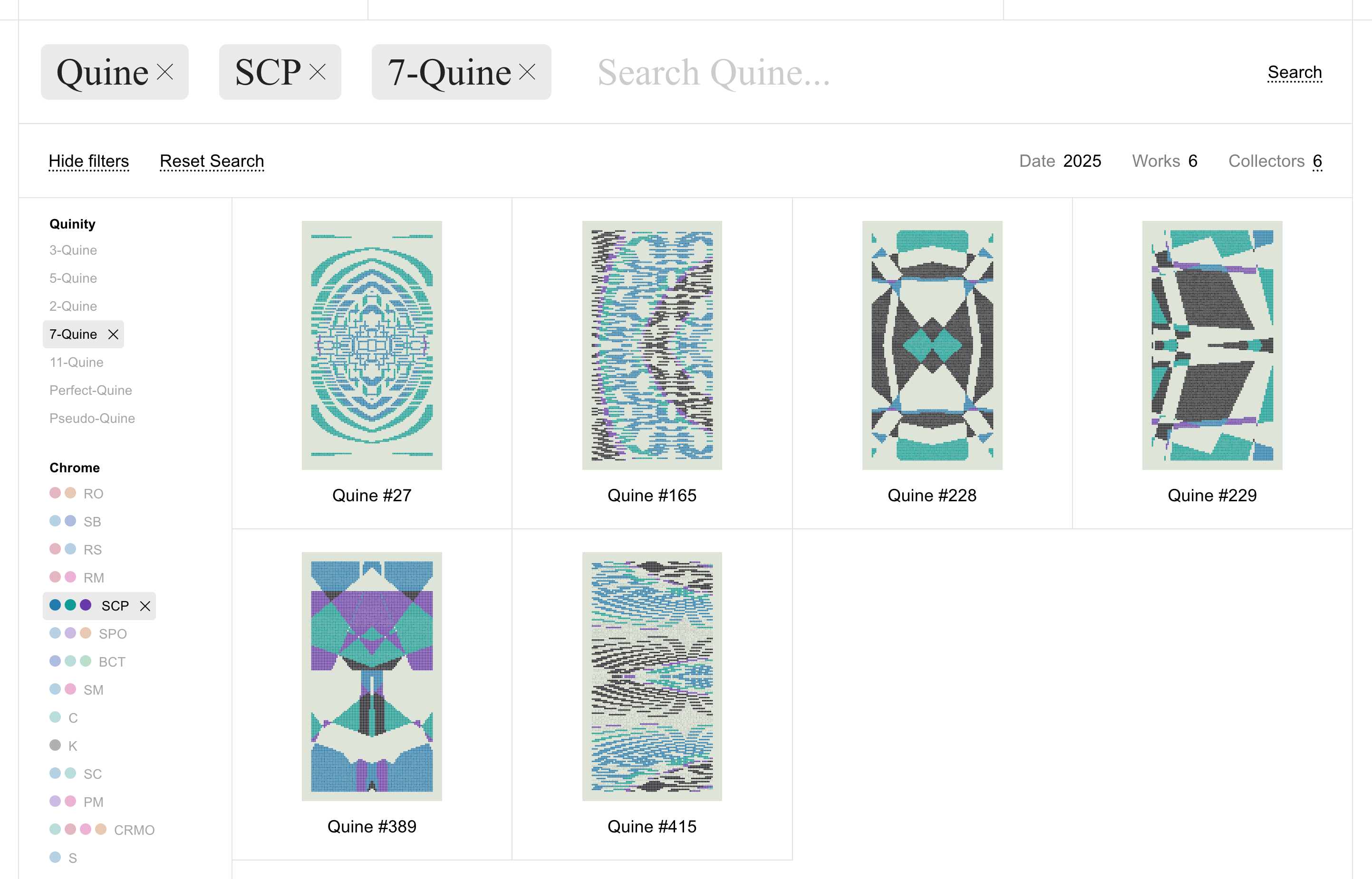 A screenshot of the catalog showing a filtered view of Quines.